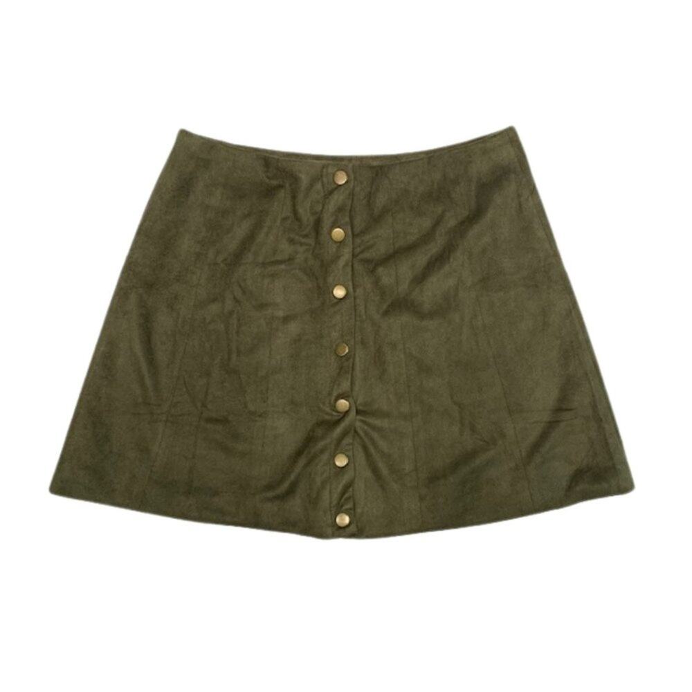 ALTAR'D STATE Dark Olive Button Up Mini Faux Suede Skirt | M